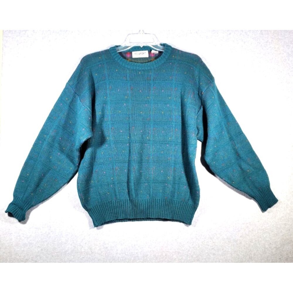 Vintage CC Sport Teal Confetti Knit Sweater Mens L Grunge 90s grandpacore